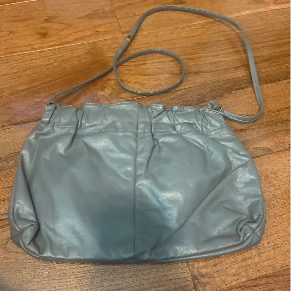 Crossbody Bag Vintage Pouch‎ Grey Ruched Leather Minimalist Shoulder